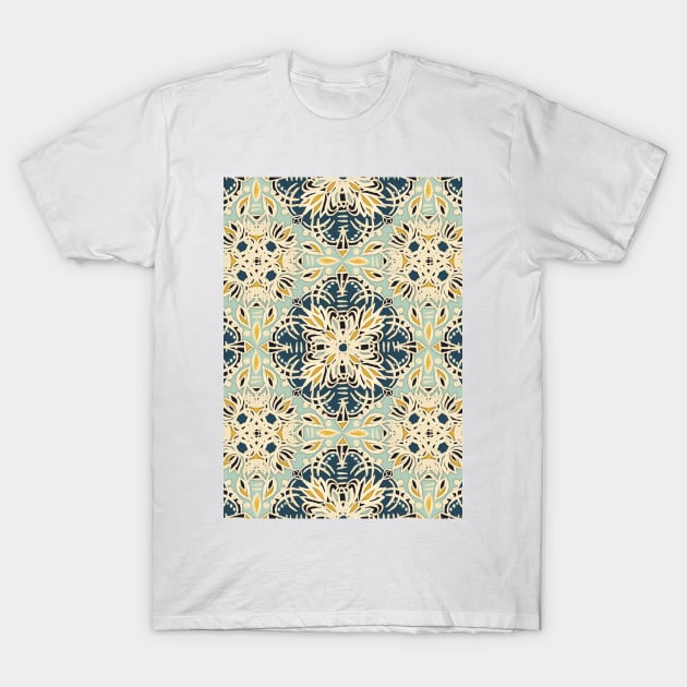 Protea Pattern in Deep Teal, Cream, Sage Green & Yellow Ochre T-Shirt by micklyn